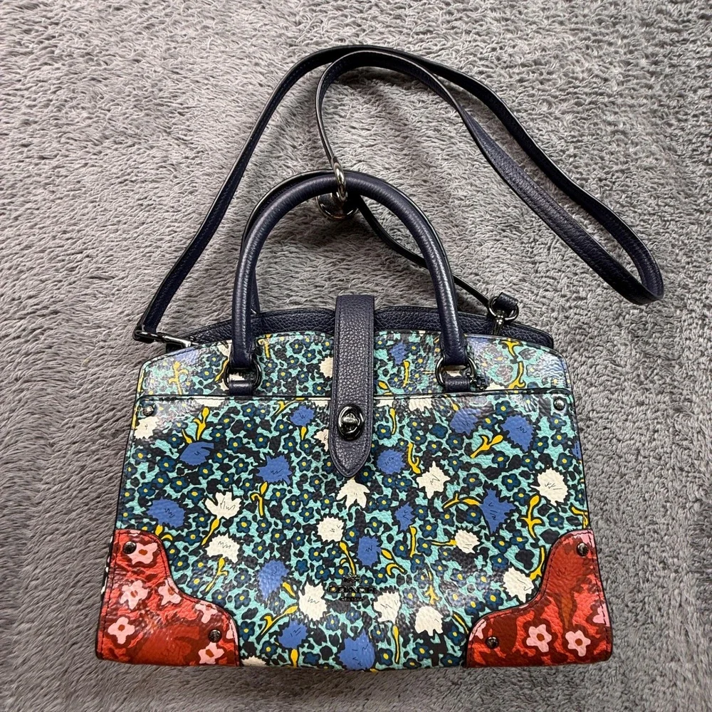 COACH Mercer Satchel 24 Leather Crossbody Bag Yankee Floral Blue